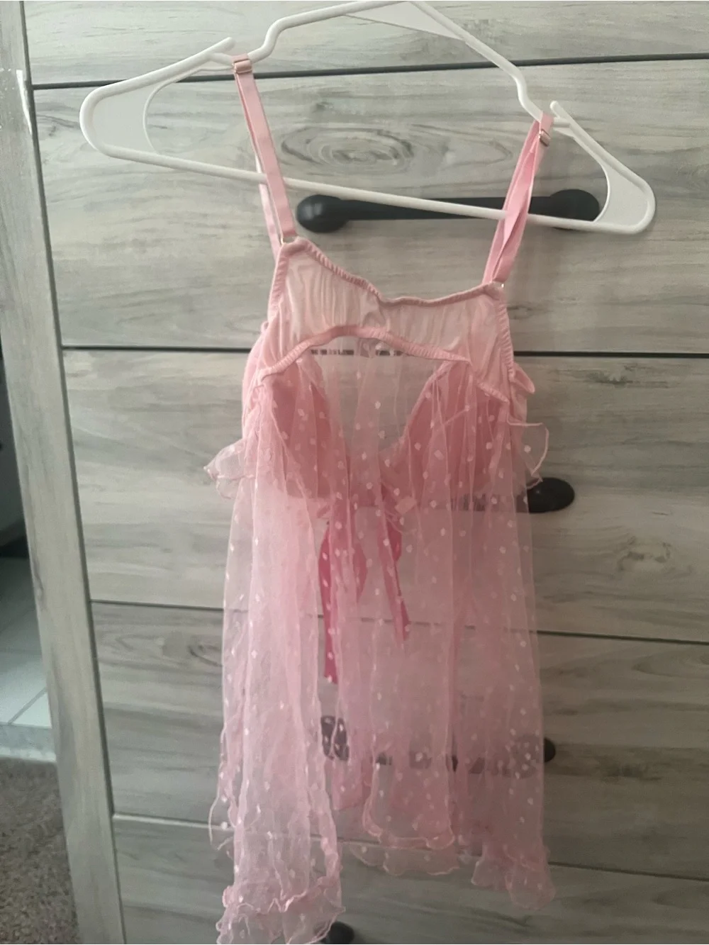 Pink Polka Dot Sheer Babydoll Chemise with Ribbon